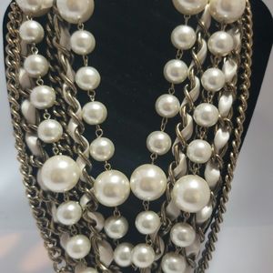 Faux Pearl, Metal and Ribbon Necklace